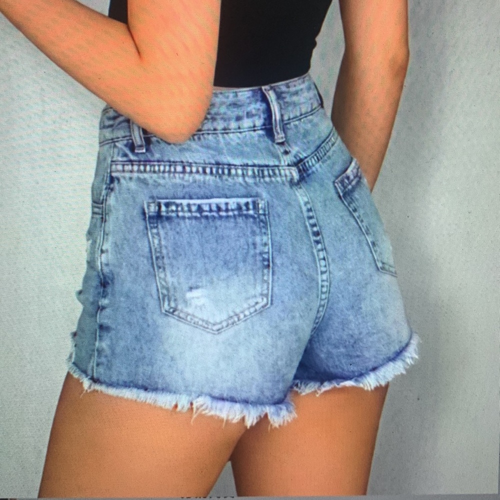 High-Waist Distressed Denim Shorts - Light Blue - Picture 2 of 3